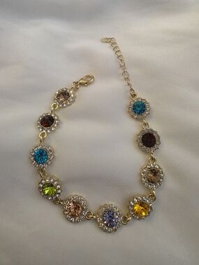 Multicolor Crystal Rhinestone Halo Bracelet Gold-Plated Colorful Dopamine 7.25-9
